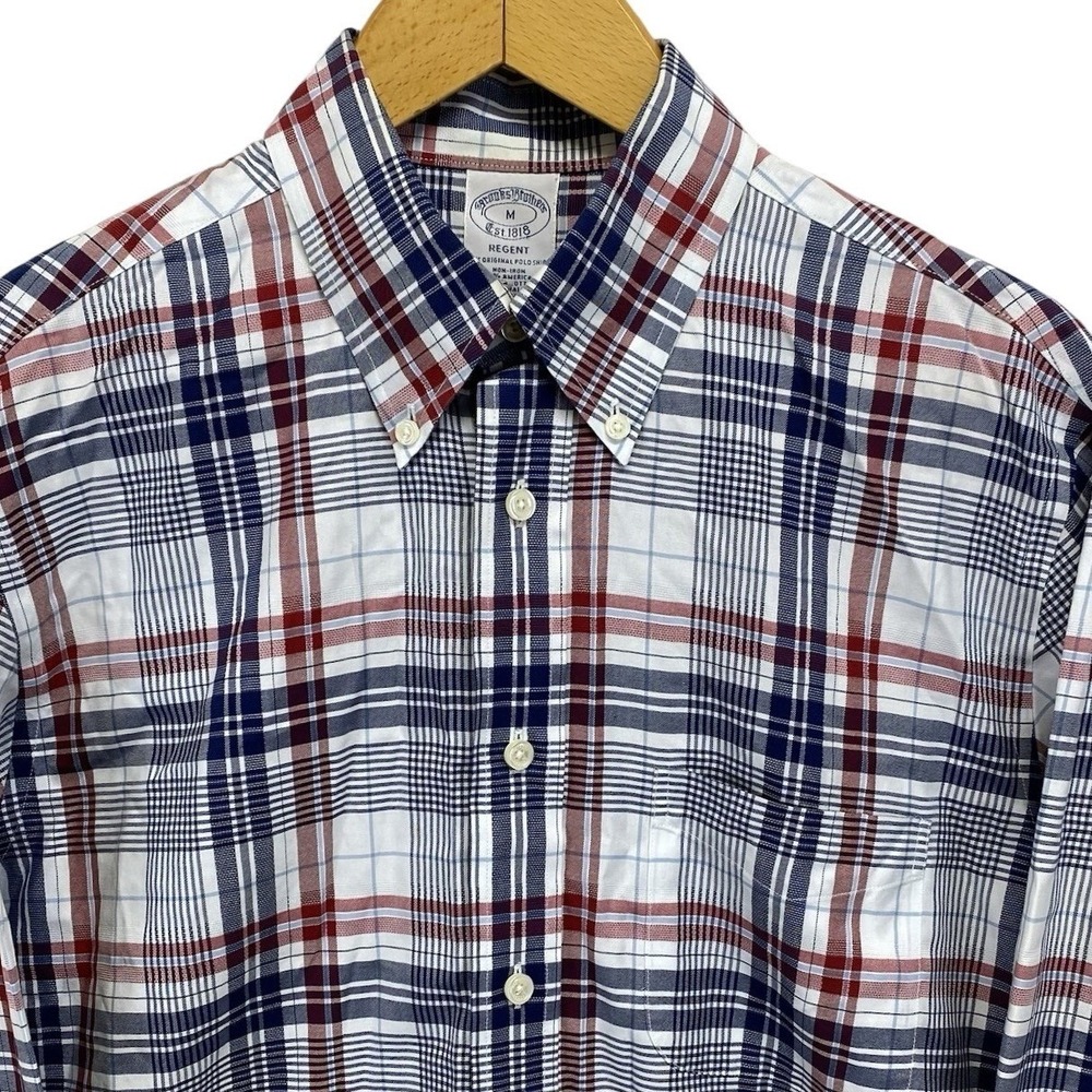 Brooks Brothers Regent Button Down Shirt Mens M Red White Blue Plaid Non-Iron - Picture 1 of 10